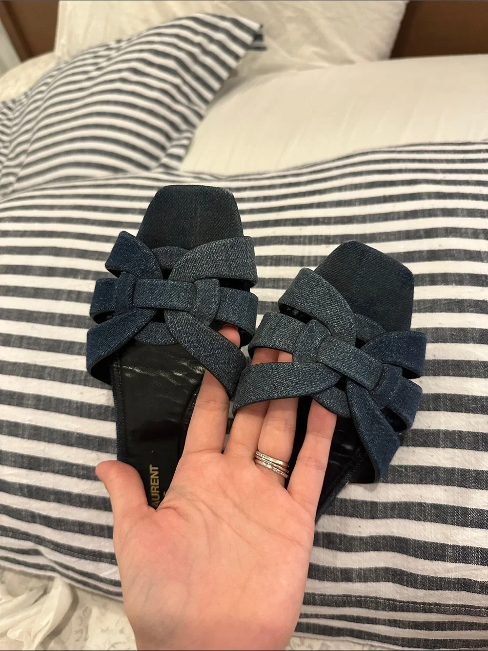 Saint Laurent Tribute Slides Dark Blue Denim Knot Slide Mules - Picture 2 of 9